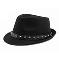 Classic black wool fedora hat featuring a stylish punk rock studded leather belt band - Pointed Rivet Belt Style / Black