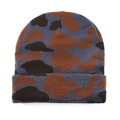 Detailed texture of camouflage knit beanie featuring warm brown and grey wool blend fibers - Grey Camouflage