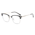 Retro half-frame business eyeglasses in black and silver shown from a 45-degree angle - Matte Black Silver Frame