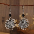 Boucles d'oreilles spirales argentées vintage avec perles noires sur branche de bois - Boucles d'oreilles spirale perle noire argent antique (N-693)