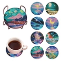 DIY 5D diamond painting coasters with natural sunset landscape designs and metal holder - Moonlight & Sunlight Landscape