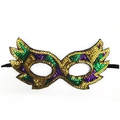 Gedetailleerd opname van een glinsterend pailletten oogmasker in goud, groen en paars. - Nieuwe Lovertjesstijl K