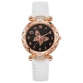 Women's butterfly quartz watch with rose gold case and white leather strap - White