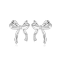Elegant silver bow stud earrings with a polished finish and realistic shadow effect - Palladium White K Plated Copper
