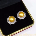 Elegant gold pearl stud earrings with sparkling halo crystals in a luxury gift box - Gold Pearl Silver Base