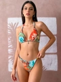 Detalle de bikini con estampado floral tropical y leopardo con colgante dorado y cuello halter - S / Arcoíris