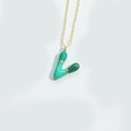 Green enamel letter V pendant necklace with gold plated rim on a fine golden chain - Letter V