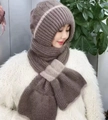 Coffee brown thick knitted winter hooded scarf set with integrated ear protection hat - Color Block Style / Camel Grey