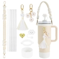 Handmade daisy cotton cord handle with tassel, cloud straw cover and silicone boot set - Beige Set