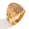 Gold-plated religious signet ring featuring Our Lady of Guadalupe and side cross - Virgin Mary Cross Gold