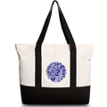 Black and white canvas tote bag with a blue floral print and spacious shoulder straps - Blue and White Porcelain Pattern 3 / 46*12*31CM
