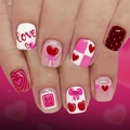 Unghie finte corte quadrate con dolci motivi di cuori rossi e ciliegie di San Valentino - Design Cuore Ciliegia Fiocco (CW846) / Include Colla Gelatina e Lima per Unghie