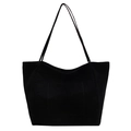 Minimalist black suede tote bag with front pocket and long straps for women - Black