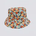 Detailed top view of a pink bucket hat featuring vibrant retro floral patterns in canvas - M (56-58cm) / Orange Cyan Yellow Pink Floral (19#)