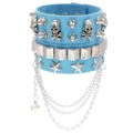 Detail of blue punk leather wide bracelet with skull studs, stars and hanging chains - Sky Blue Set