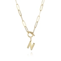 Macro view of gold plated paperclip chain with 3D letter N pendant and OT toggle buckle - Letter N