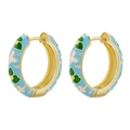 Golden C-shaped hoop earrings featuring sky blue enamel and floral camellia patterns - Light Blue