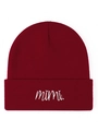 Detailed close-up of dark red knitted beanie with white Mimi letter embroidery texture - Burgundy