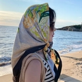 Square silk scarf with yellow abstract floral print and black border for beach hair wrapping - Oil Painting Sunflower-Camel Blue