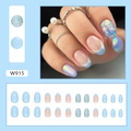 Faux ongles ovales bleu aurore avec paillettes et design French Manucure - Bleu Rose Aurore (Style de Colle)