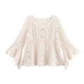 Cárdigan de punto calado beige con encaje de ganchillo y elegantes mangas acampanadas - S / Blanco lechoso