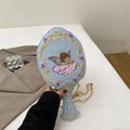 Vintage light blue hand mirror shaped crossbody bag with floral embroidery and pearl chain - Blue