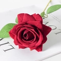 Single stem dark red velvet artificial rose with green leaves and realistic thorns - Burgundy