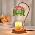 Modern marble candle warmer lamp with flower glass shade and warm golden metal stand - Pink-Green Gradient Glass Shade + Walnut Base / Knob Dimming / US Plug