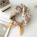 Floral cotton linen neck scarf with purple flower pattern and yellow plaid design - 55cm / Flower Geometric Frame Yellow