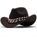 Dark brown wool felt jazz hat with stylish chunky gold chain trim on a white background - M(56-58cm) / Coffee