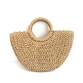 Detail showing the intricate hand-woven paper rope texture and round handle of this straw bag - Handbag Style / Medium / Light Coffee