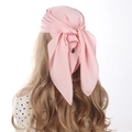 Detail of pink satin square scarf tied at the back showing smooth silk texture - 70cm x 70cm / Pink