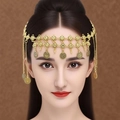 Detail of gold bohemian forehead chain with vintage coin pendants and hollowed-out links - Antique Gold Necklace Headpiece Dual Use
