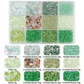 12-grid green DIY craft kit with sequins, crushed stones, and pearls in storage box - Green