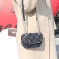Quilted denim chain crossbody bag in dark grey with silver strap for women stylish outfit - Black