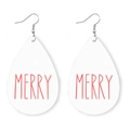 Close-up of white teardrop leather earrings with red Merry text for Christmas - White-MERRY