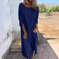 Navy blue loose long-sleeve maxi dress with side buttons and irregular hemline - S / Navy Blue