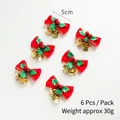 6-pack of 5cm Christmas bows with gold bells and red berries for tree decoration - Red Green Leaf / Set of 6