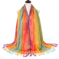 Detail of bohemian jacquard scarf featuring rose patterns and colorful fringe on a mannequin - Rose Yellow
