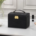 Boîte à bijoux double couche en cuir PU noir avec serrure dorée et poignée de transport - Noir