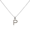 Macro detail of silver-toned stainless steel pendant featuring black enamel capital letter P - Letter P