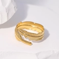 Adjustable 18K gold feather open ring in stainless steel with detailed vein textures - Gold Feather Shape Style (JR030)