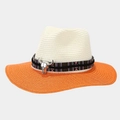 Detail of bull head buckle on retro straw cowboy hat with bright orange brim - Beige with Orange Brim