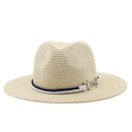 Panama strohoed Fedora met nautische anker hanger en blauw-witte gedraaide touwband - M (56-58cm) / Beige