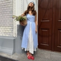 Blue gingham button-up sundress with layered white hem and sleeveless summer design - S / Blue