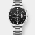 Men's quartz watch with silver steel strap, black dial, chronograph sub-dials and calendar - Silver Black With 3 O'clock Calendar