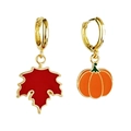 Asymmetric gold hoop earrings with red maple leaf and orange pumpkin enamel charms - Asymmetric Maple Leaf and Pumpkin