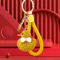 Sparkling yellow duck rhinestone keychain with braided leather strap and gold ring - Braided Yellow Rhinestone Duck