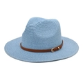 Close-up of light blue straw fedora featuring a brown leather belt and gold metal buckle - Sky Blue