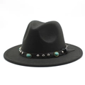 Black felt wool jazz hat with turquoise beaded belt and silver studs on white background - M (56-58cm) / Black